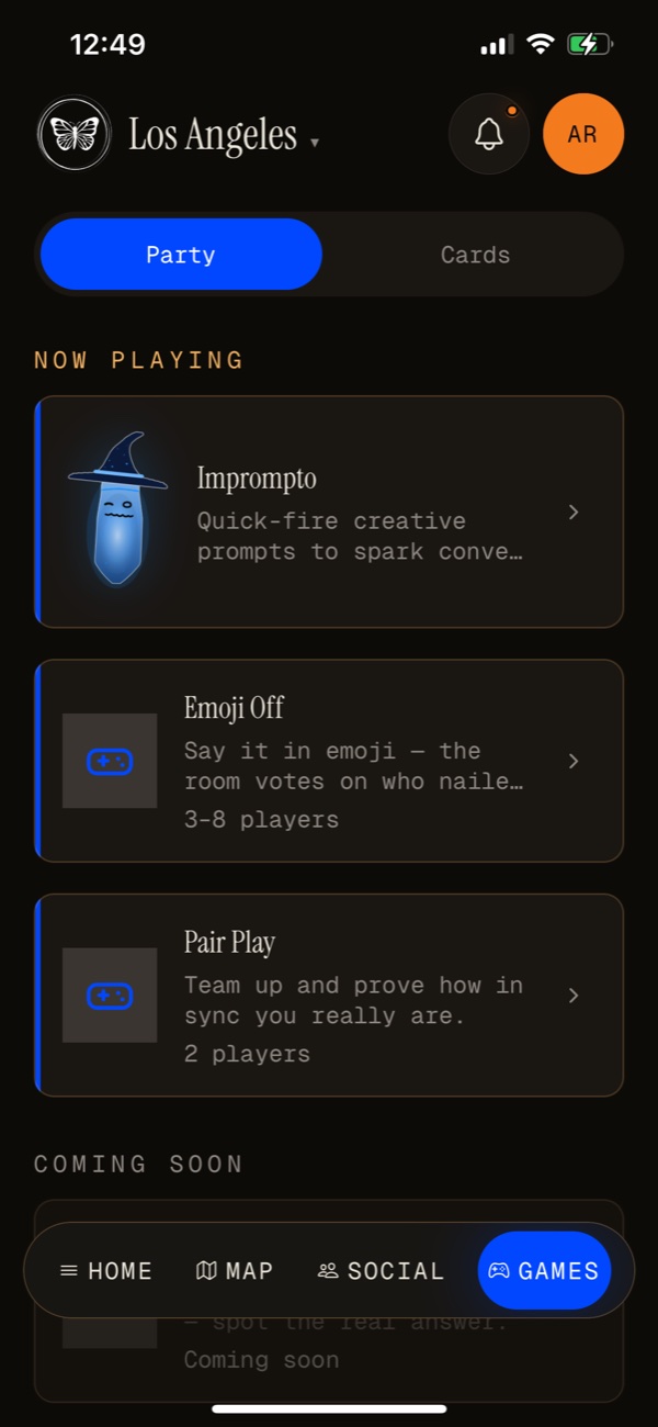 MapChat Games screen showing party games: Imprompto, Emoji Off and Pair Play
