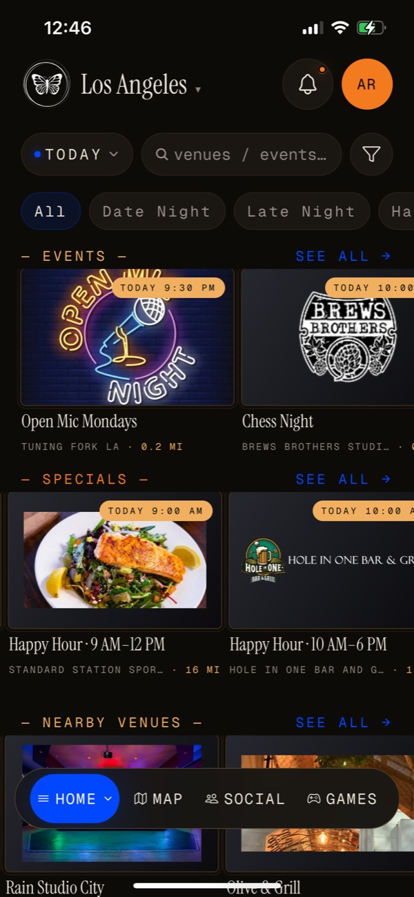 MapChat home screen showing tonight's events and specials near you in Los Angeles