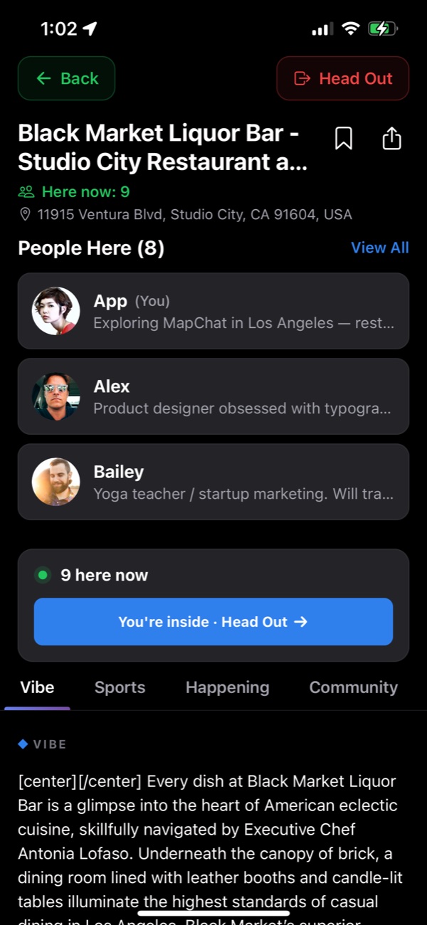 MapChat venue screen showing who's here now at a bar in Studio City