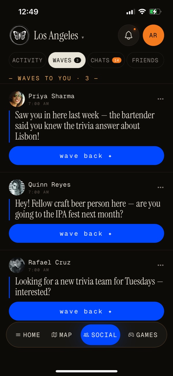 MapChat Social screen showing waves from people nearby